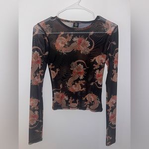 Urban Outfitters Black Sheer with Dragon Floral Medium Long Sleeve Shirt (SMALL)